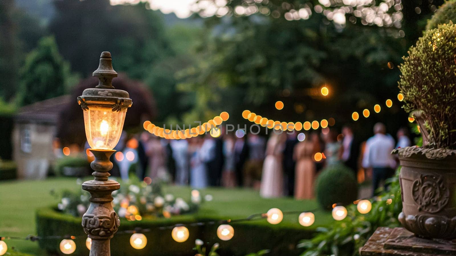 Outdoor wedding reception, warm glow of the lights creates a magical atmosphere as guests gather, the background is slightly blurred, joyful ambiance of the celebration, romantic and festive evening wedding celebration