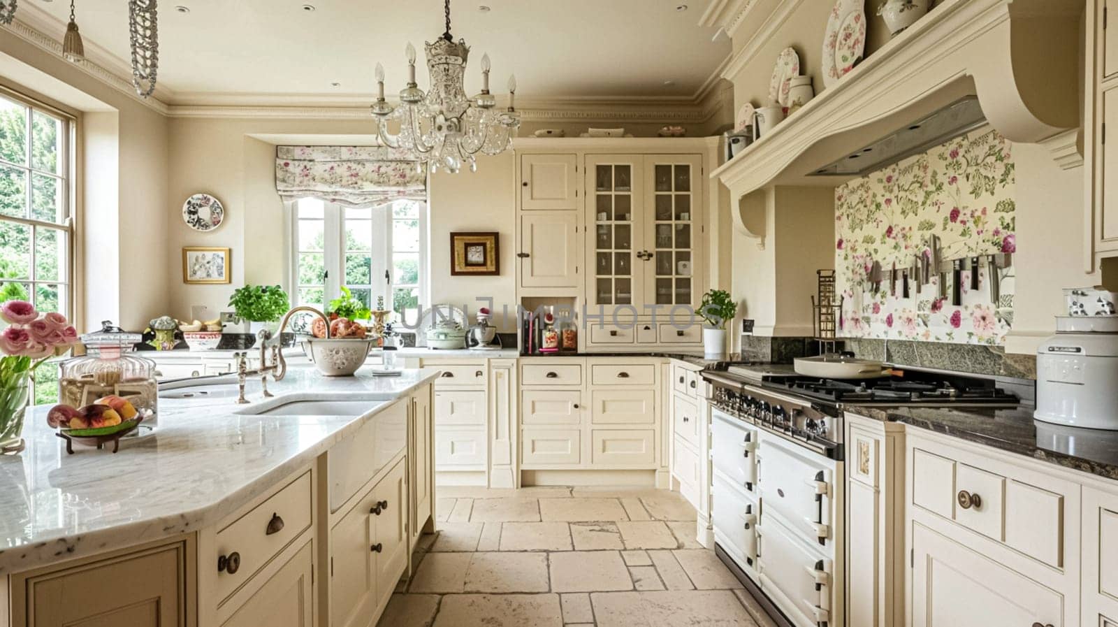 Classic kitchen decor in Edwardian manor, interior design and country house, in frame kitchen cabinetry, sink, stove and countertop, English countryside style by Anneleven