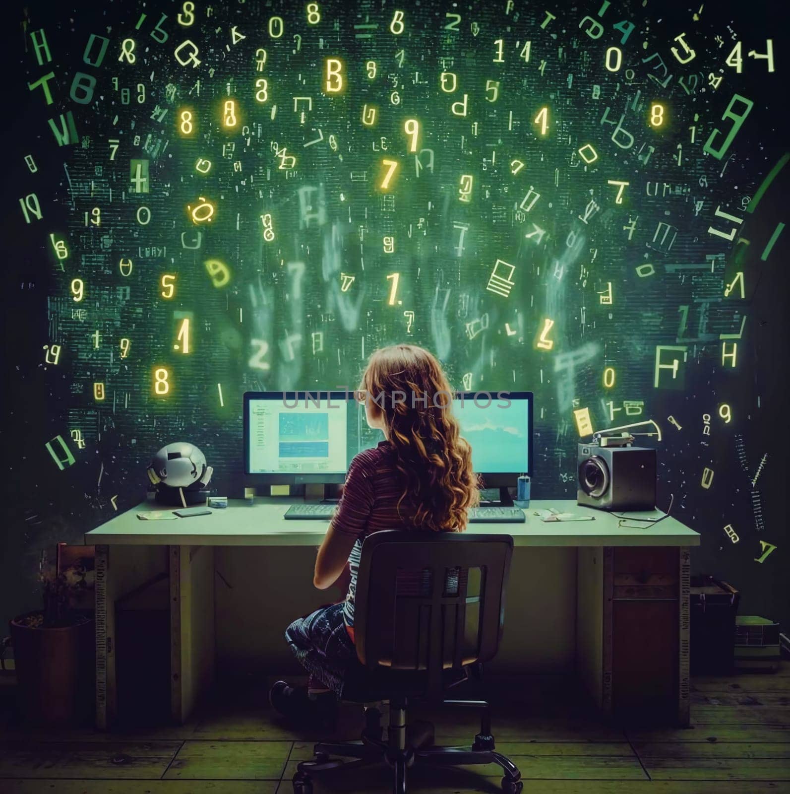 The girl is sitting at the computer, being pulled inside by mechanical hands from the screen. Numbers, letters, and signs are flying around