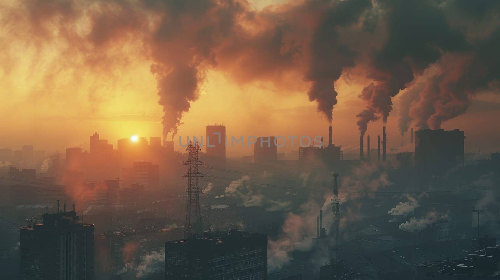 A city skyline with smoke billowing from the factories. Scene is bleak and polluted