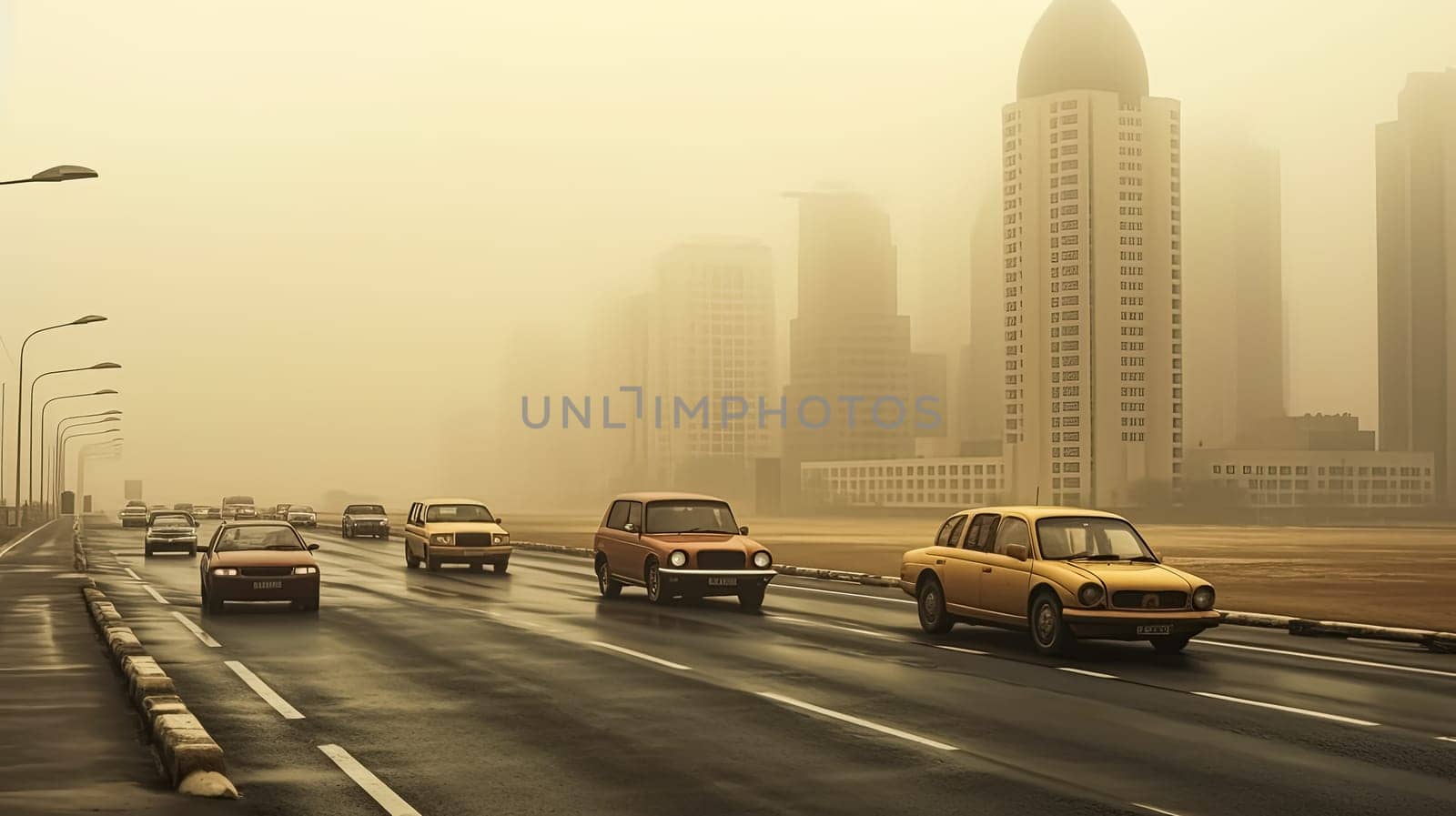 A yellow car is driving down a road with a foggy city in the background. The cars are driving in a line and there are several other cars on the road