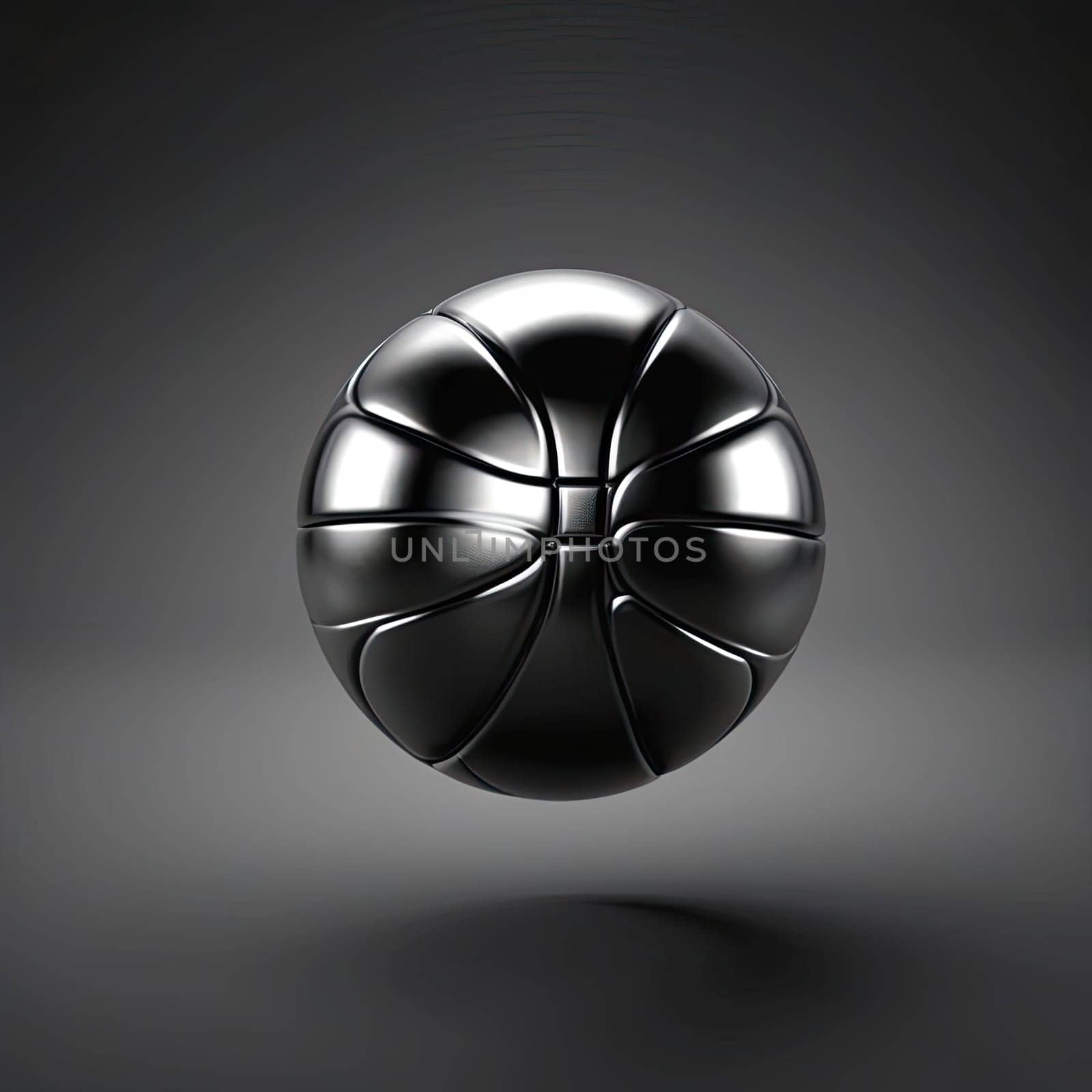 Image Hyper realistic isolated 3D levitating basketball in shiny chrome , black background , high detail, hyper quality