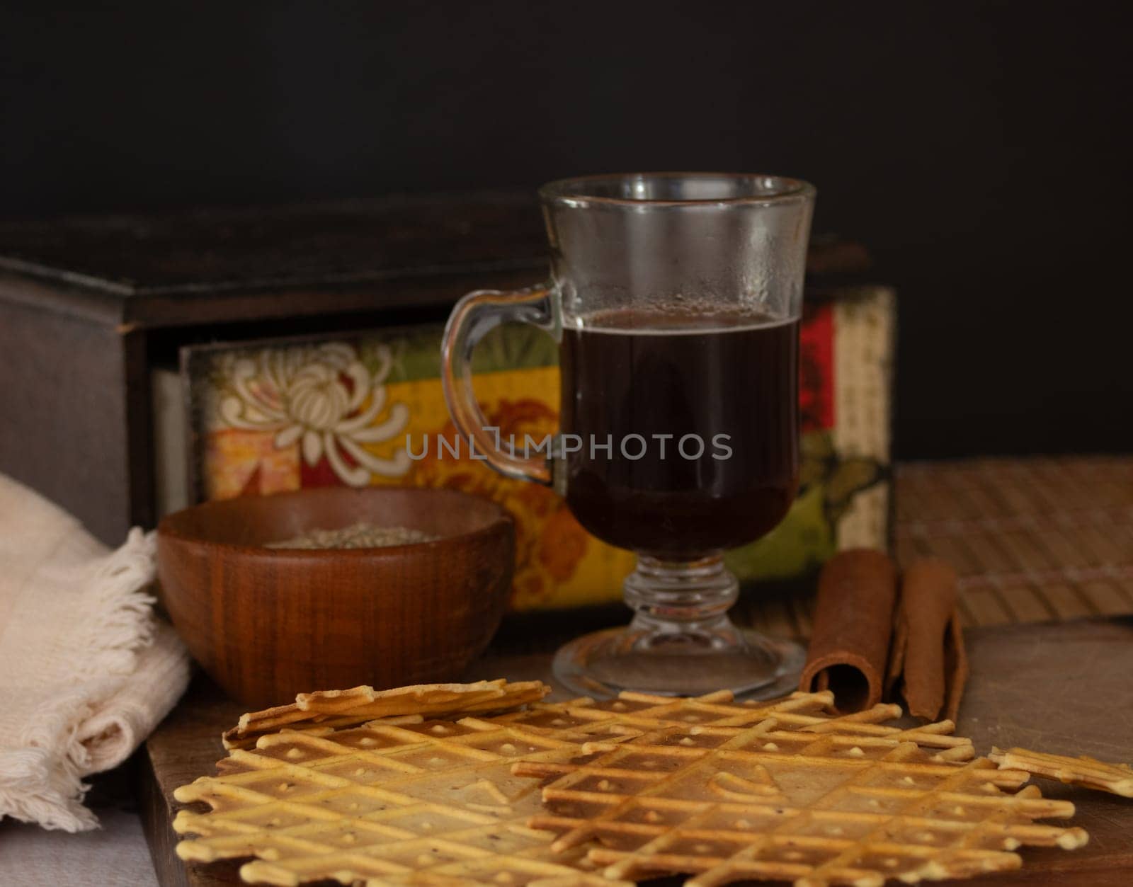 Afternoon coffee with handmade italian anise and cinnamon biscuits .Still life. Wooden bowl with anise seeds