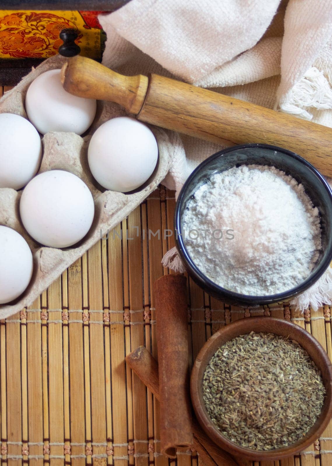 Rustic kitchen top view .Ingredients and seasonings for handmade cookies.