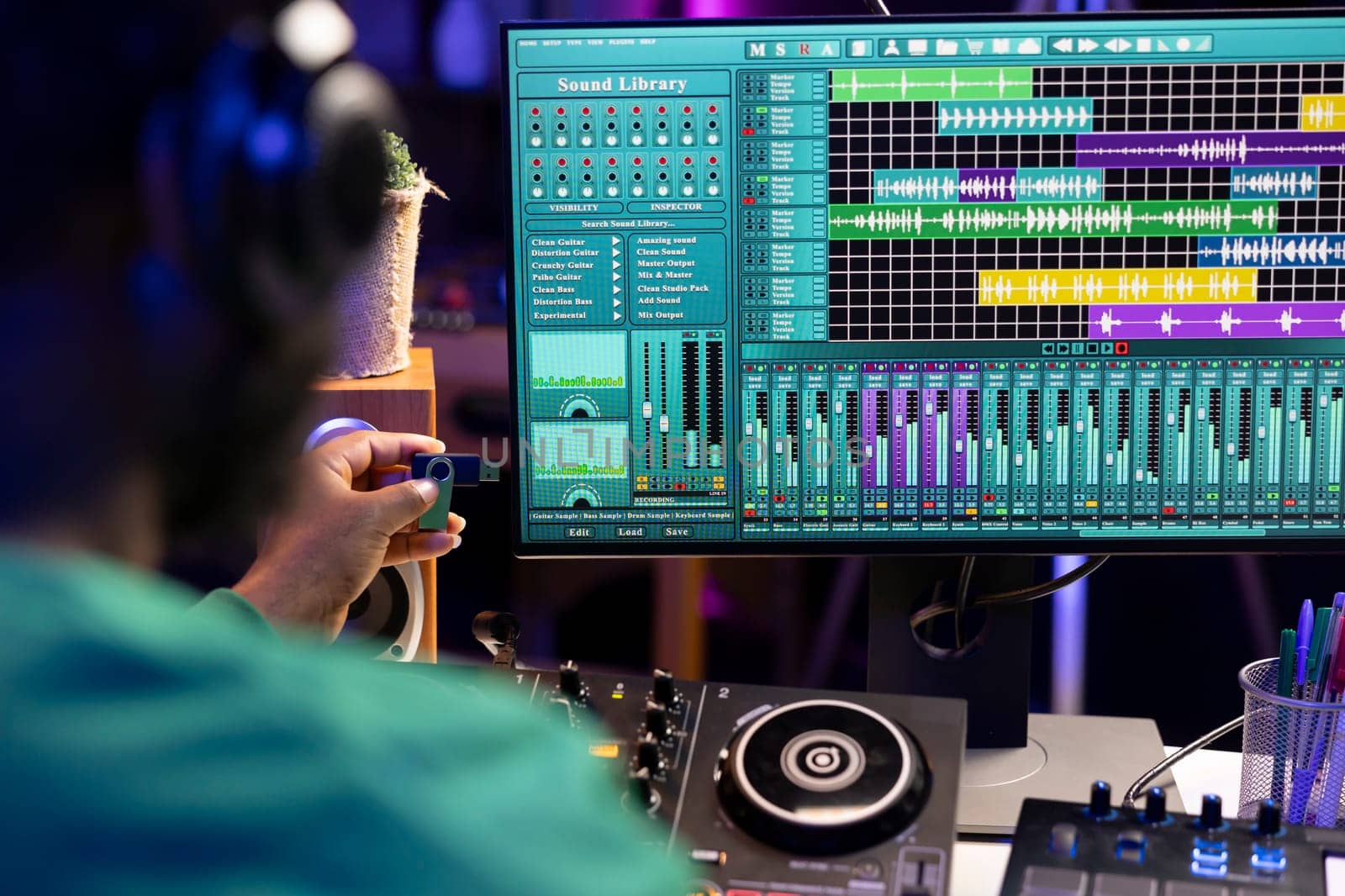 Artist composing new music with an usb stick in his home studio, editing songs from old audio recordings. Skilled songwriter producer mixing and mastering soundtracks, production software.