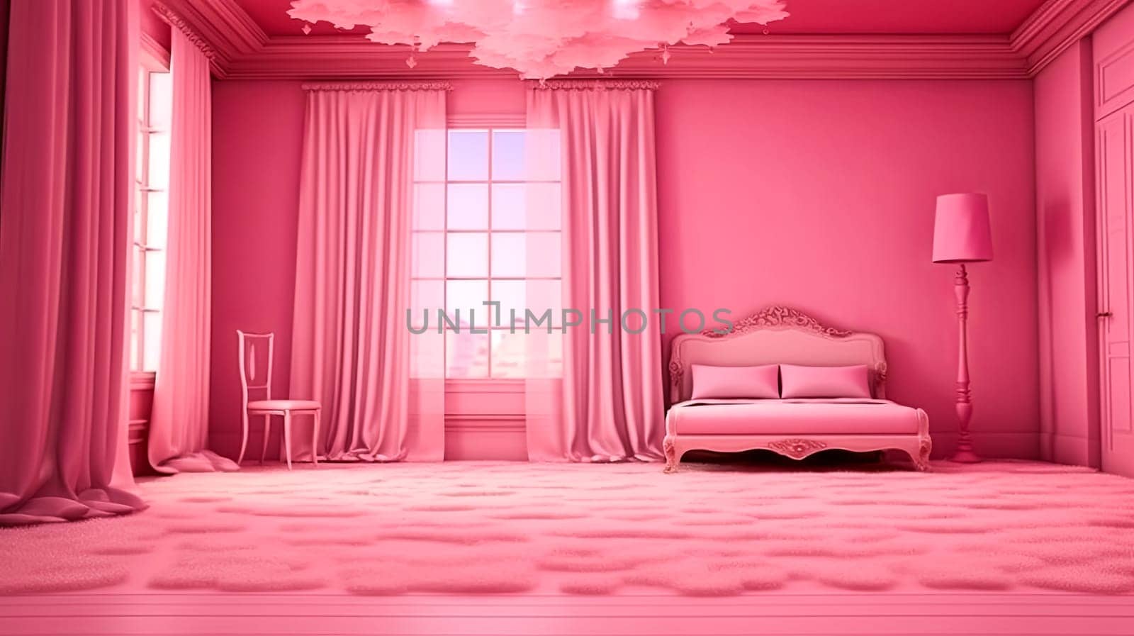 A pink bedroom with a pink bed and pink curtains. The room is very bright and cheerful. The pink color scheme gives the room a playful and fun atmosphere