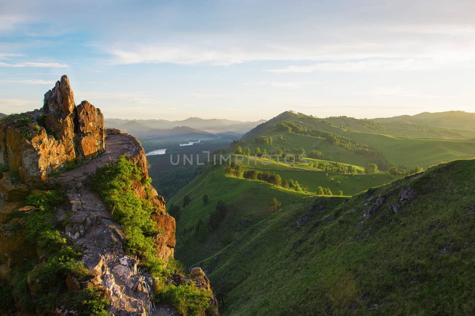 Beauty dawn on the peak, in the mountains in Altay