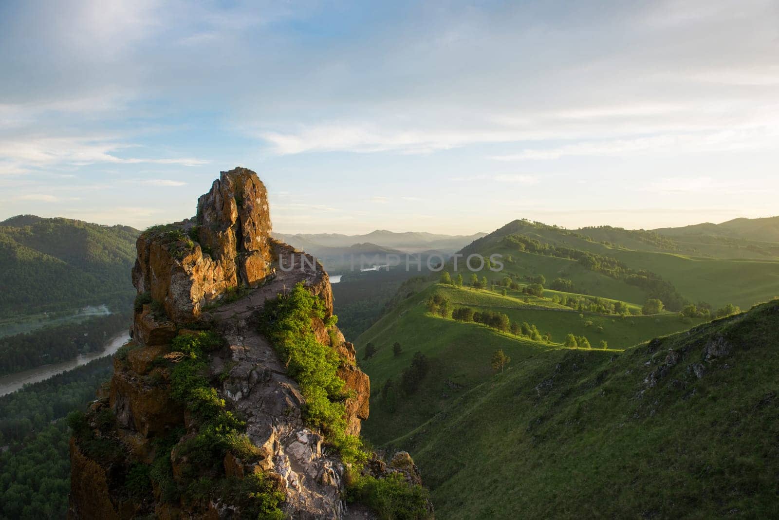 Beauty dawn on the peak, in the mountains in Altay