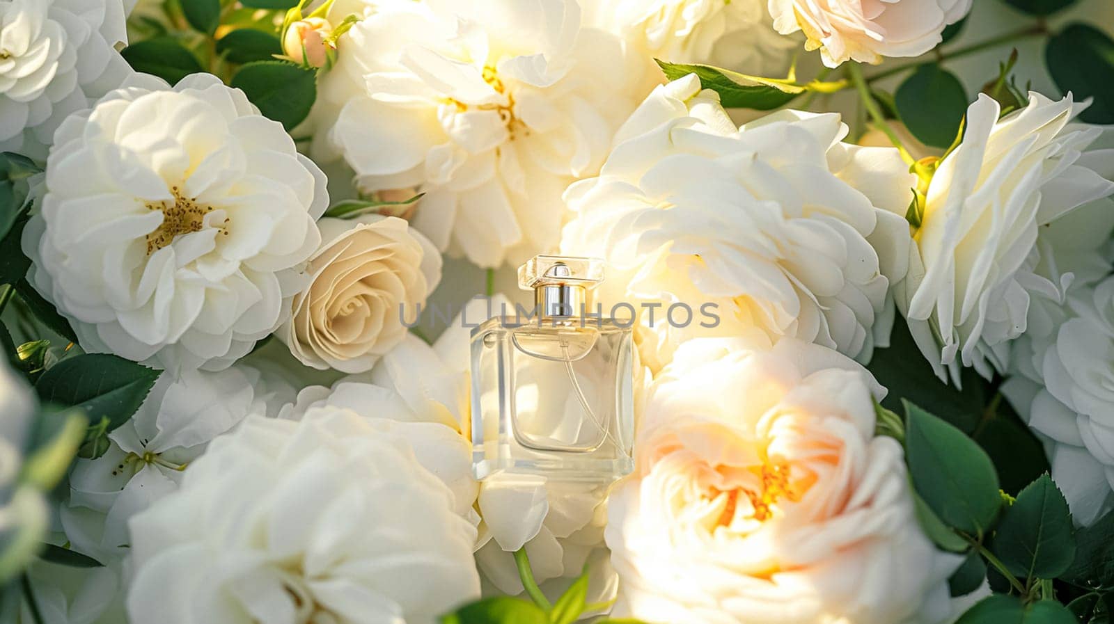 Perfume bottle with beautiful flowers. Floral background. Beauty concept. Flat lay, top view.