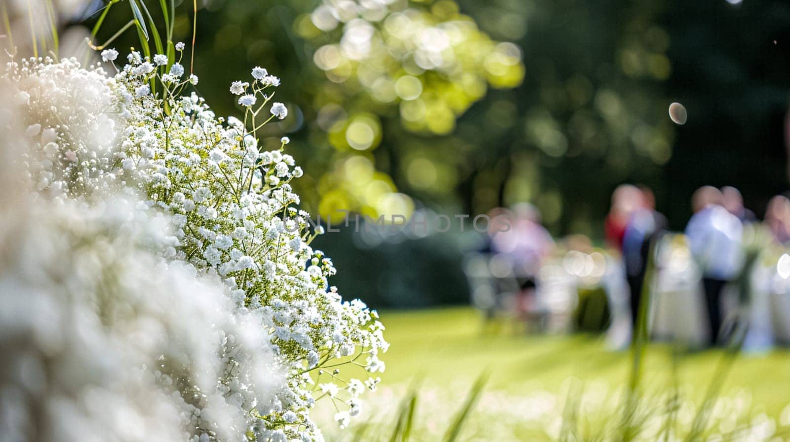 Outdoor wedding reception, warm glow of the lights creates a magical atmosphere as guests gather, the background is blurred, joyful ambiance of the celebration, romantic and festive evening wedding celebration by Anneleven