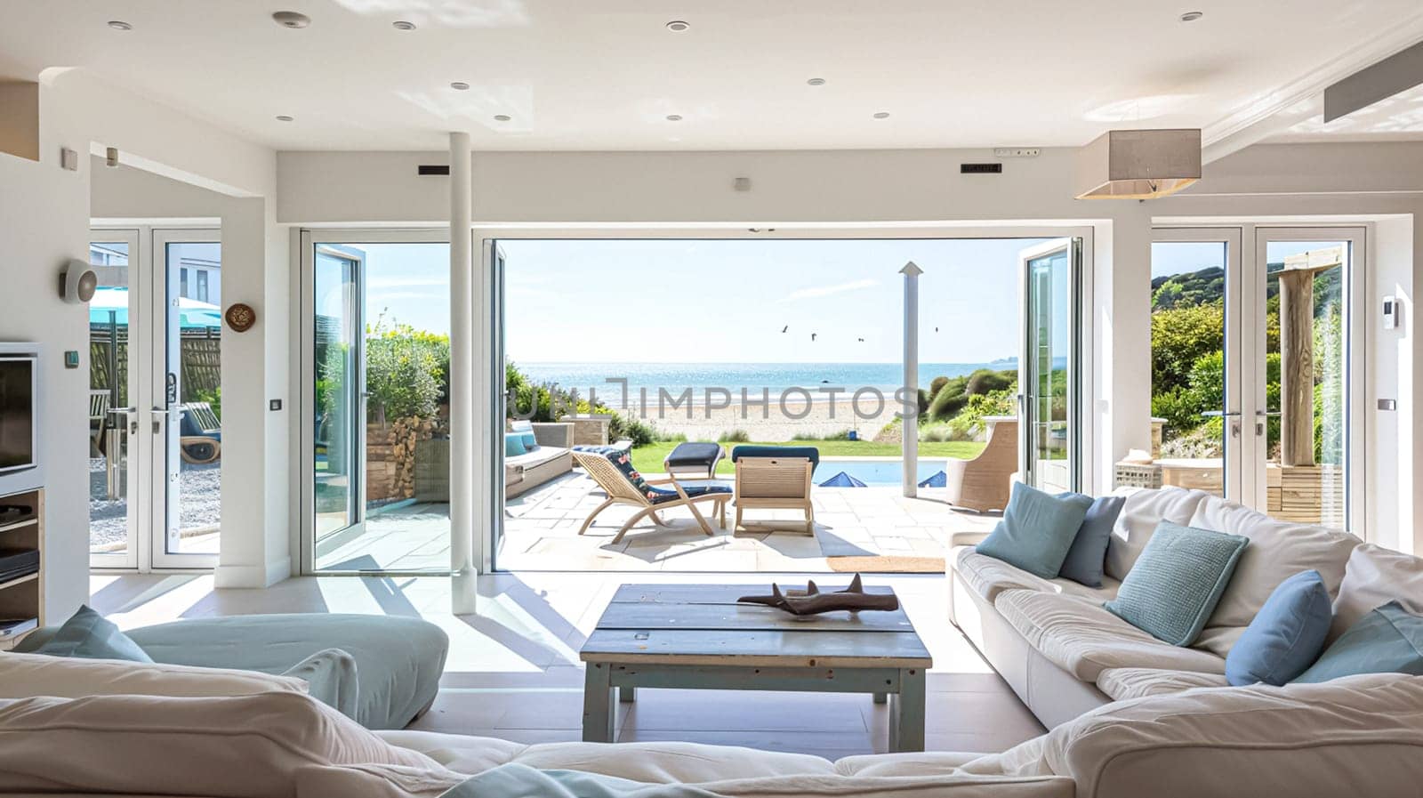 Interior of a living room with white walls, sofa and cushions. Sitting room in coastal cottage with sea view. Luxury lounge room