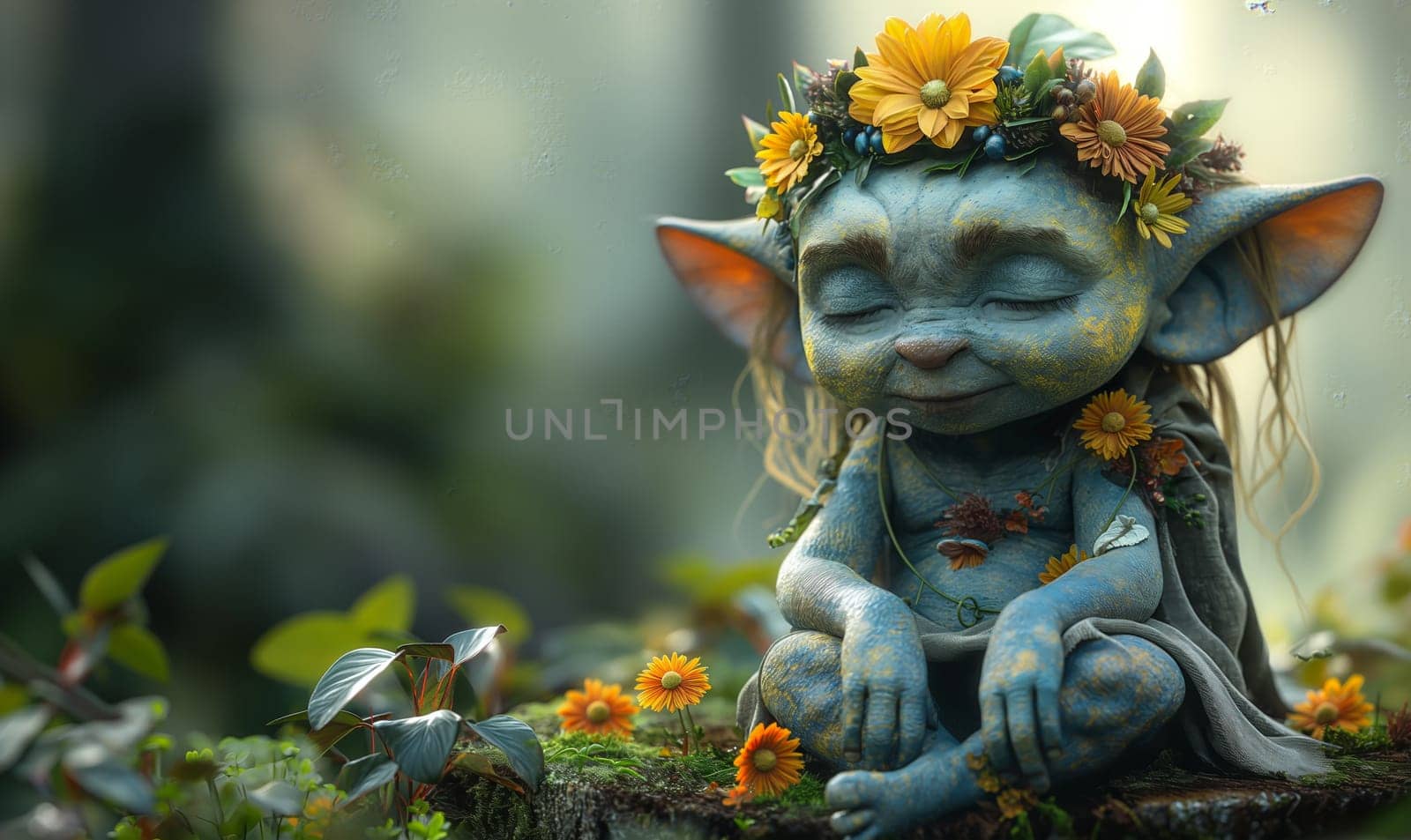 3D, cartoon goblin in the forest, close-up. Selective focus