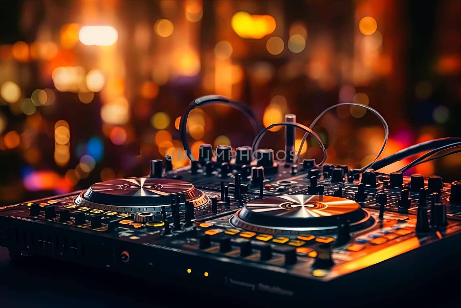 A set of DJ equipment stands against a vibrant orange backdrop, radiating energy and setting the stage for an electrifying performance.