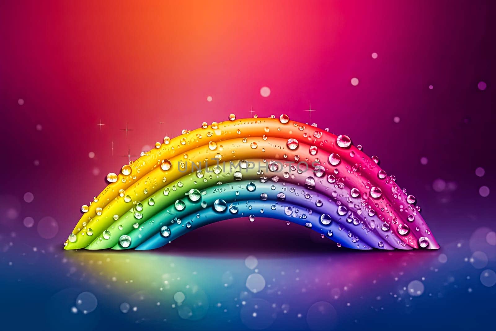 A rainbow with water droplets on it. The rainbow is very colorful and the water droplets add a sense of freshness and liveliness to the image