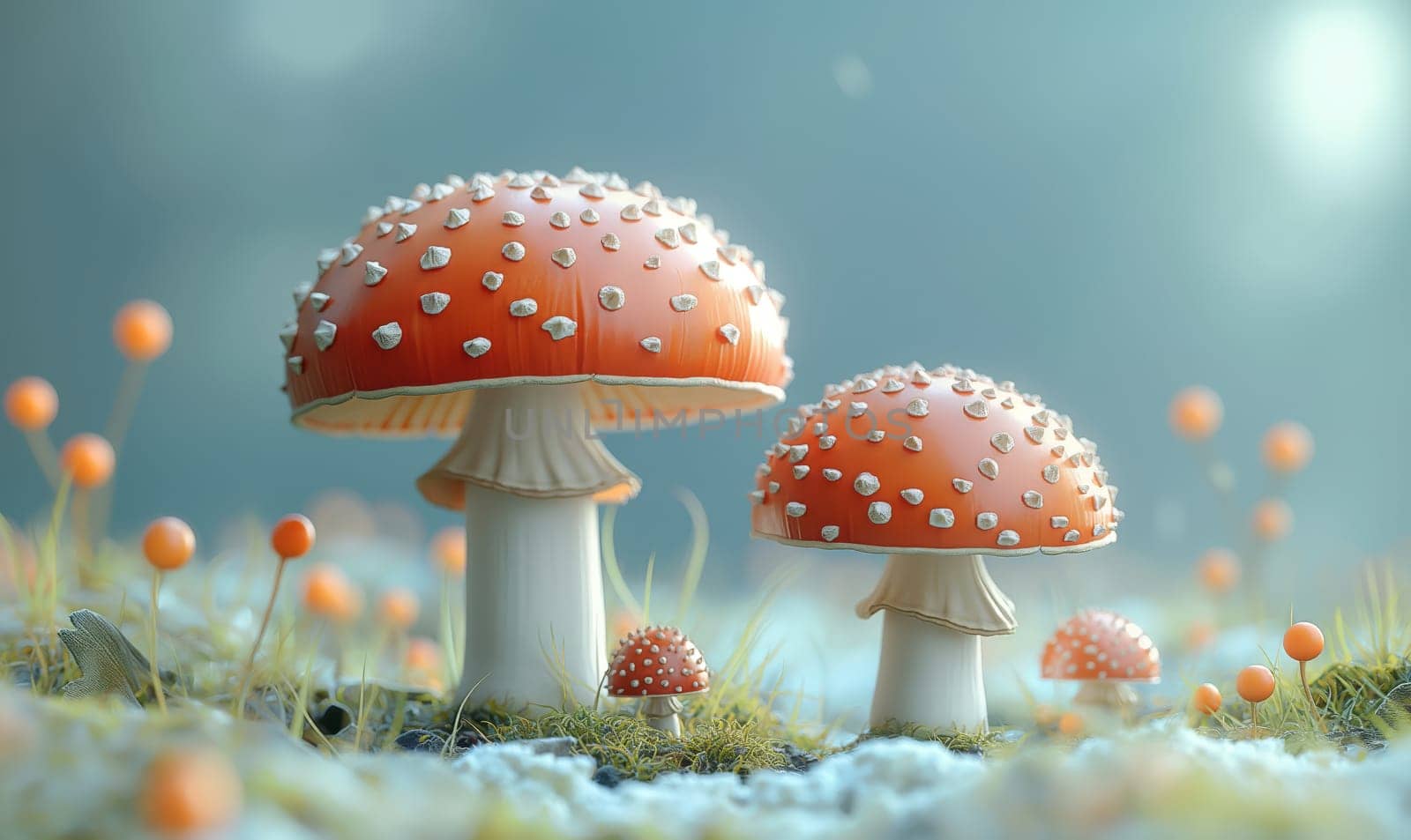 Illustration, fly agaric mushrooms in a clearing. by Fischeron