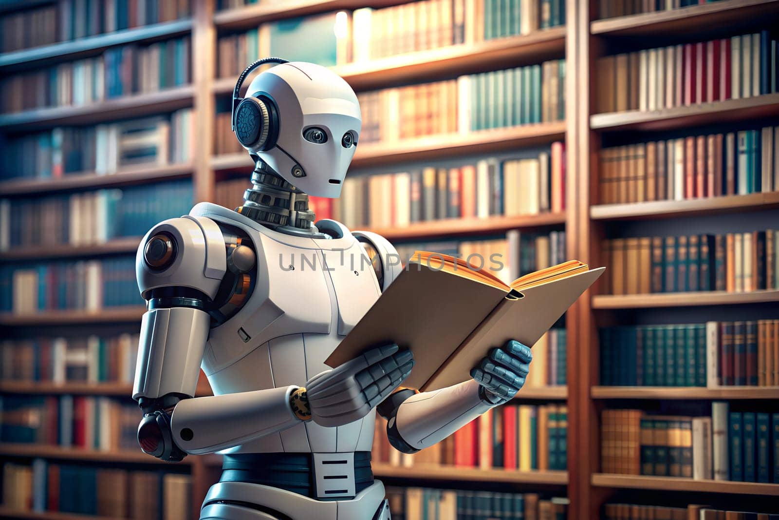 White humanoid robot reading a book in library. Smart robot. Futuristic concept. Ai generated image