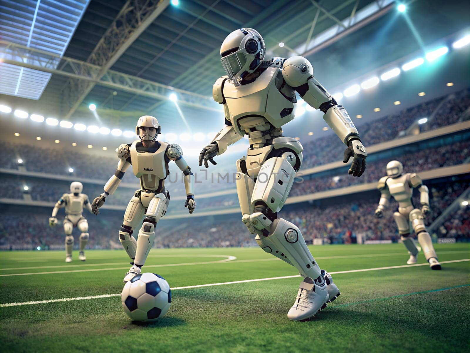 White robots playing football in the stadium. Futuristic soccer game. Ai generated by alenamoore