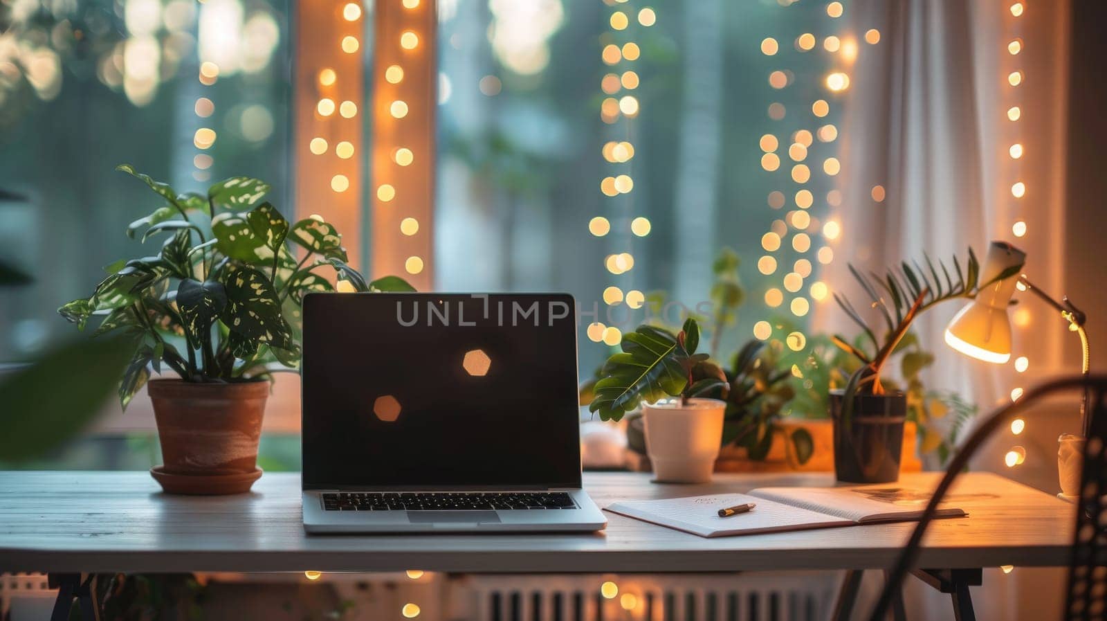 A serene home office with a clean workspace and subtle bokeh lighting for a mindful ambiance.