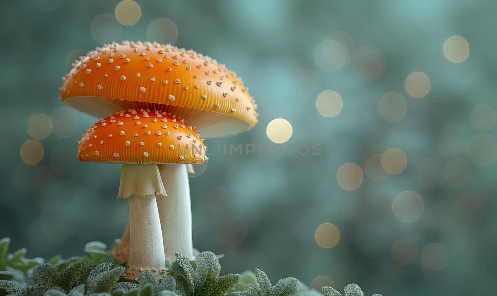 Illustration, fly agaric mushrooms in a clearing. Selective focus.