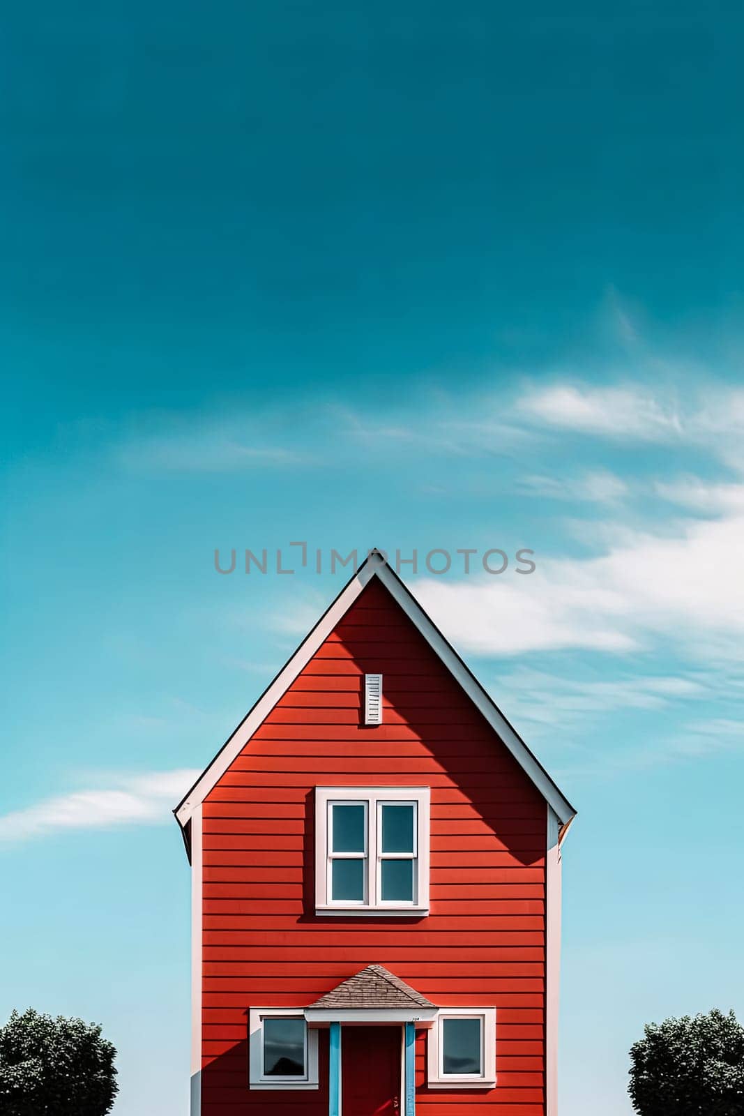 A small red house with a white trim sits in front of a blue sky. The house is the only building in the scene, and it is a single-story structure