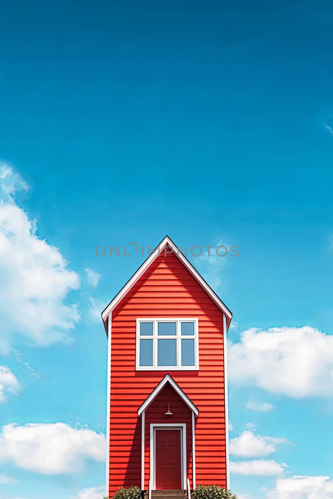 A small red house with a white trim sits in front of a blue sky. The house is the only building in the scene, and it is a single-story structure