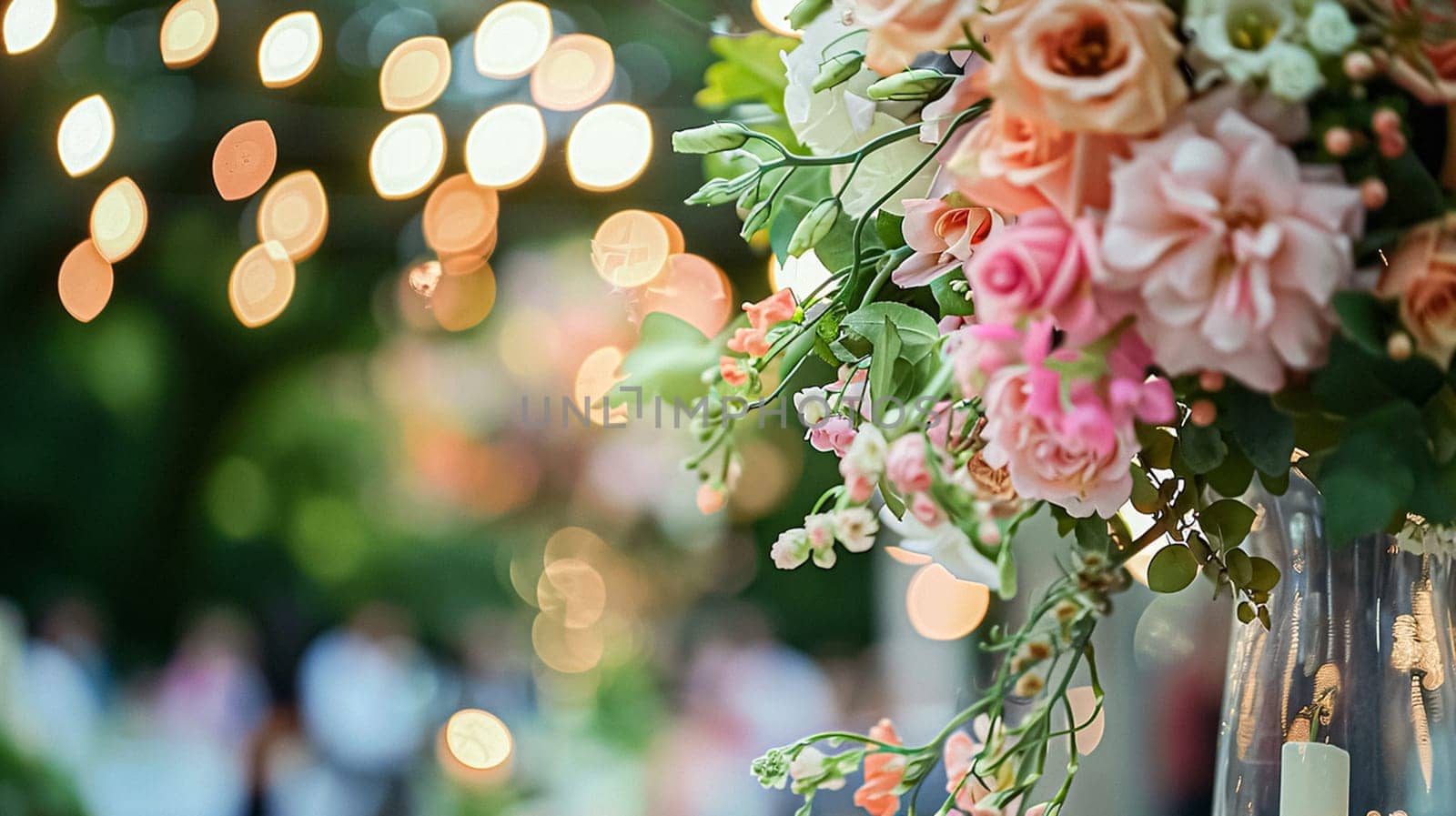 Outdoor wedding reception, warm glow of the lights creates a magical atmosphere as guests gather, the background is slightly blurred, joyful ambiance of the celebration, romantic and festive evening wedding celebration