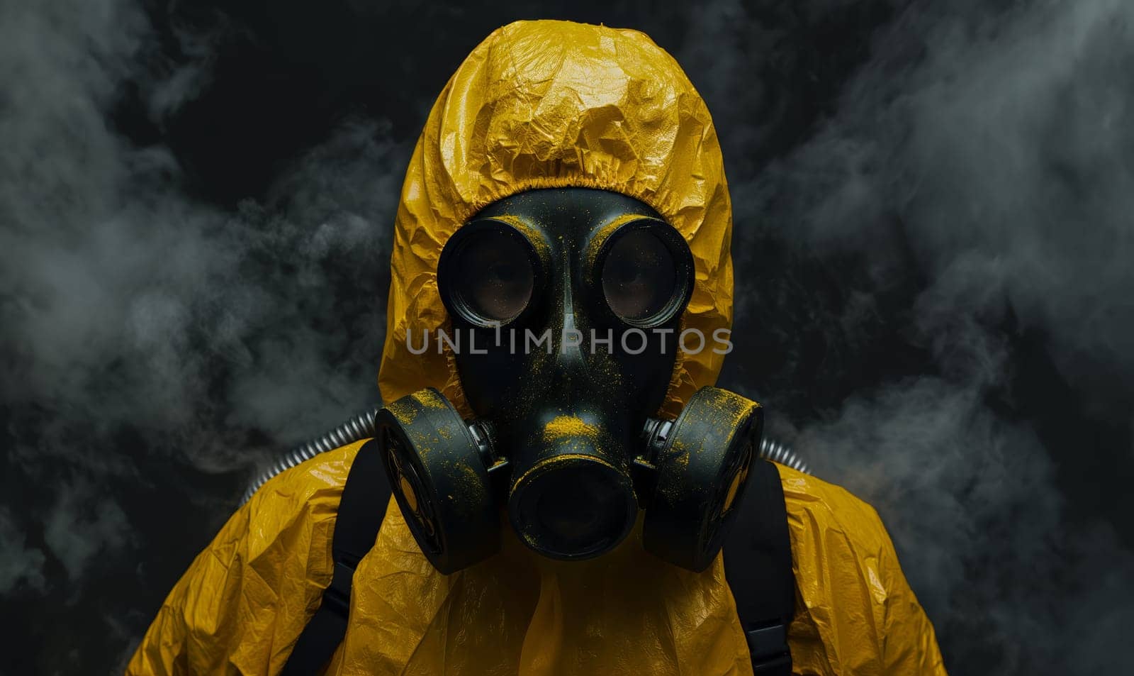A man in a gas mask against a background of black smoke. Selective focus
