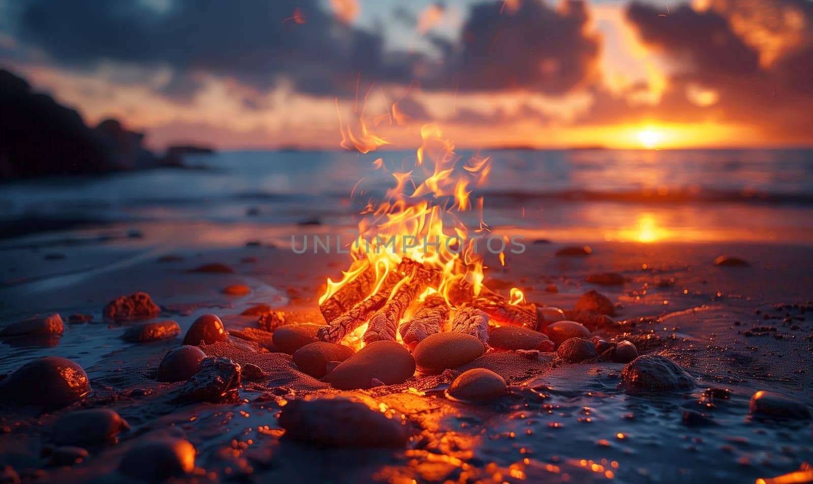 A fire on the shore against the backdrop of a colorful sunset. Selective focus
