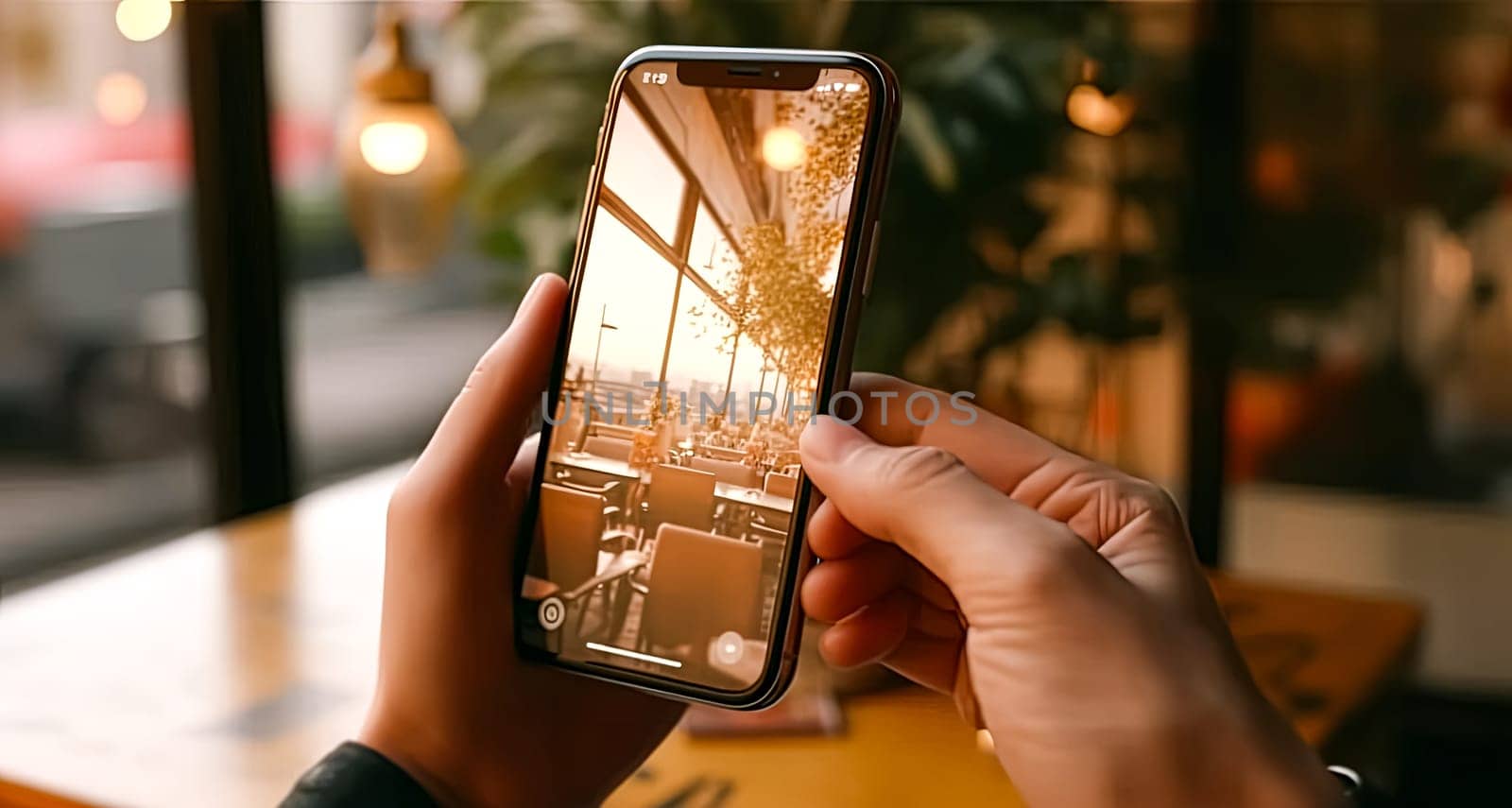 A person is holding a cell phone and looking at a picture of a restaurant. The phone is displaying a photo of a restaurant with a view of the outside. The person appears to be interested in the photo