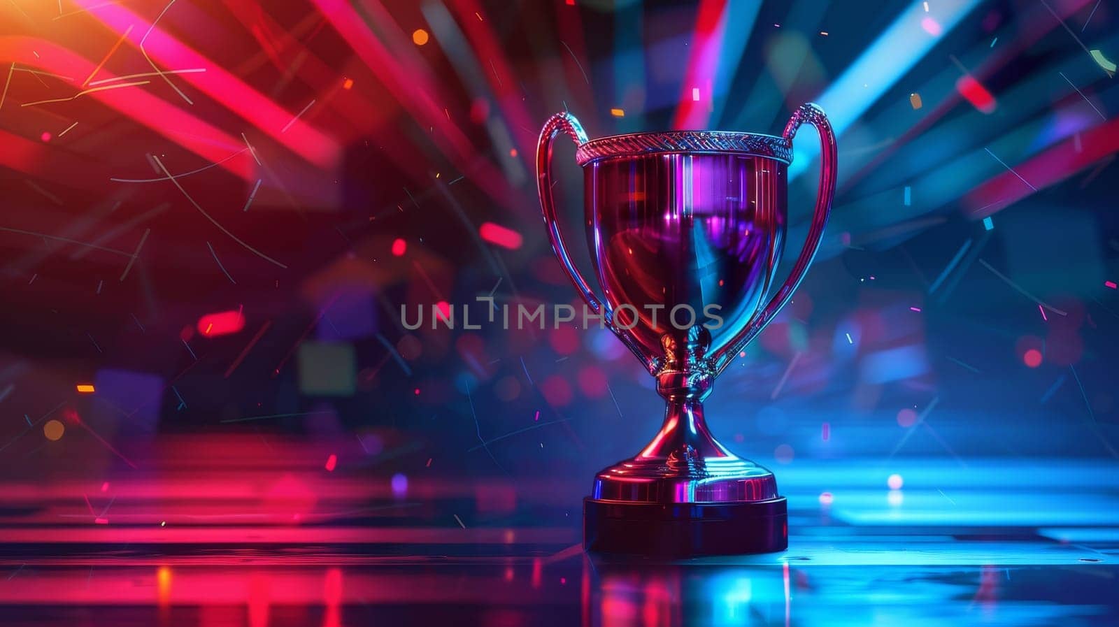 A silver trophy is sitting on a table with a lot of sparkles around it. The trophy is surrounded by a lot of light and it looks like it's glowing. Scene is celebratory and triumphant