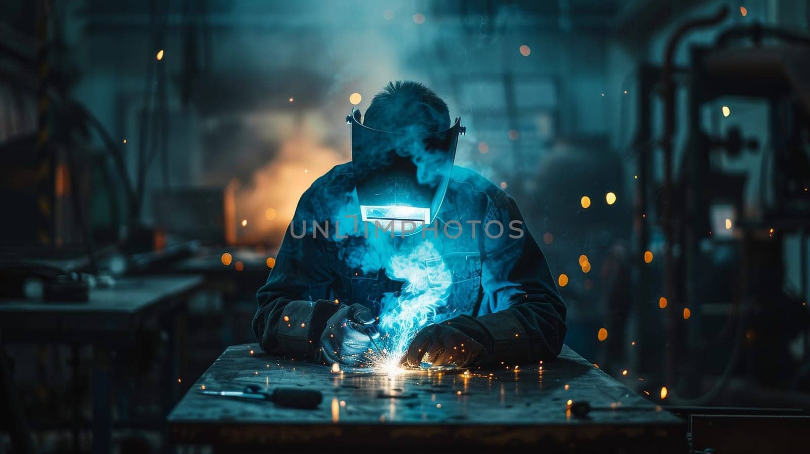 A man welder worker in a black jacket is working on a piece of metal. The image has a mood of industrial and hard work