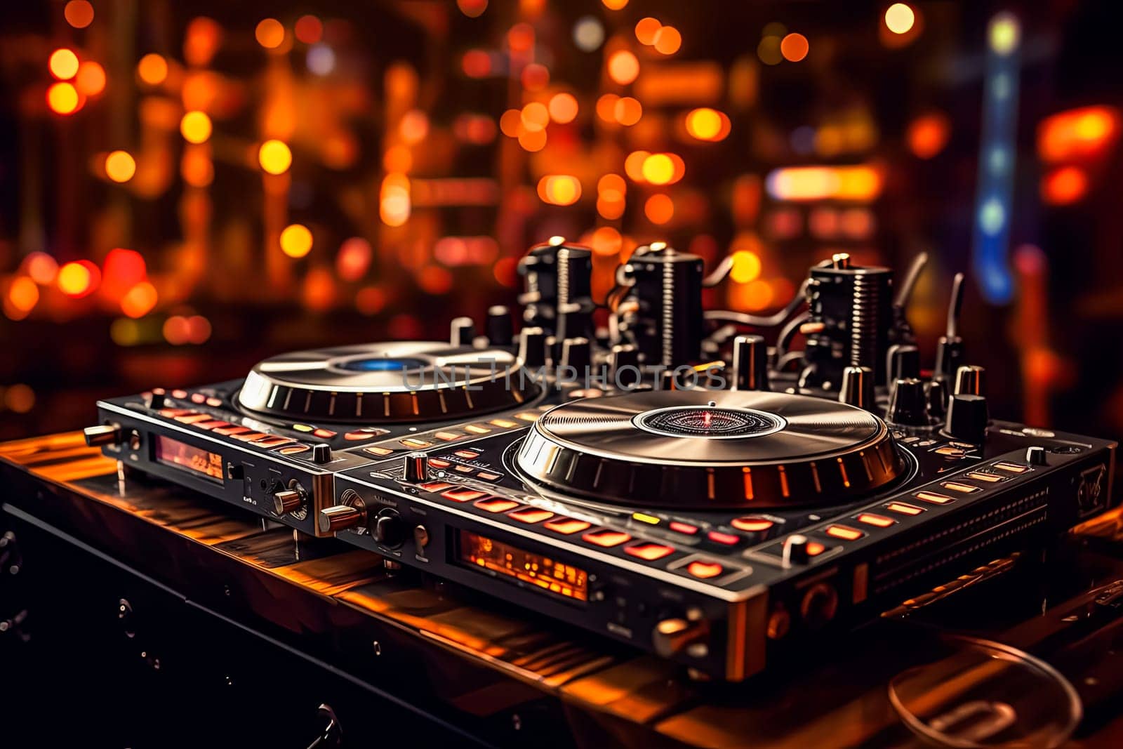 A set of DJ equipment stands against a vibrant orange backdrop, radiating energy and setting the stage for an electrifying performance.