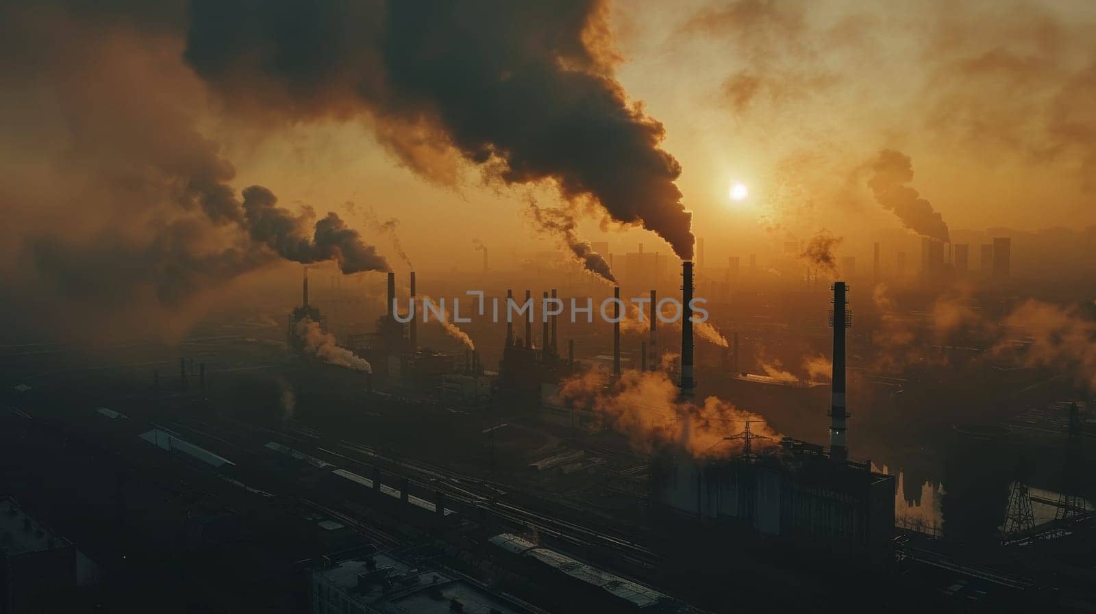 A city skyline with smoke billowing from the factories. Scene is bleak and polluted