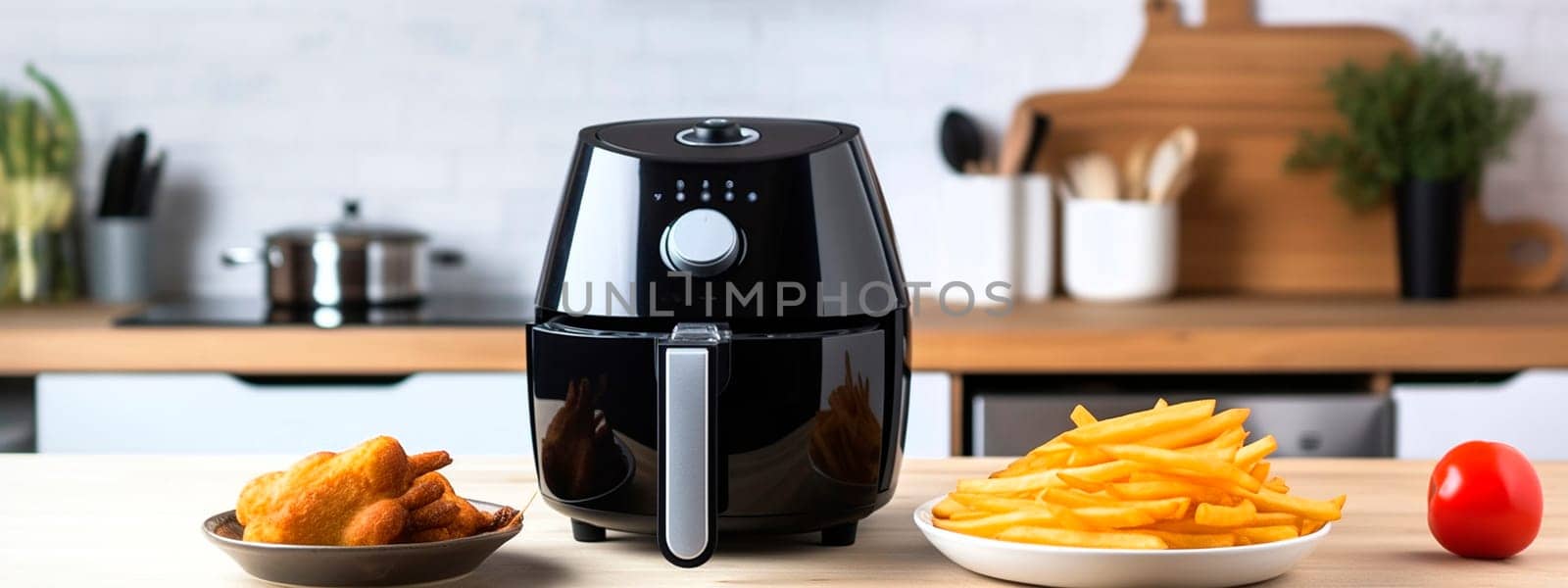 deep fryer on a wooden table in a modern kitchen with fried french fries and tomatoes on plates. Generative AI, Food.