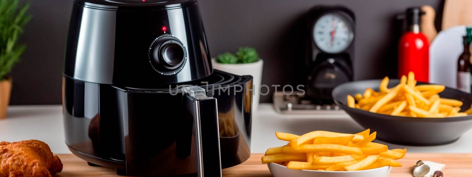 deep fryer on a wooden table in a modern kitchen with fried french fries and tomatoes on plates. Generative AI, Food.