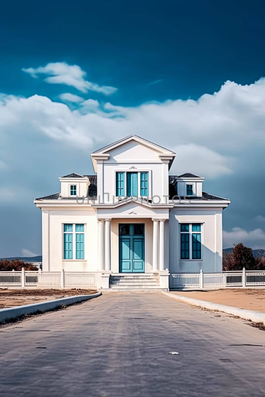 A white house is floating in the sky with clouds. The house is small and has a red door