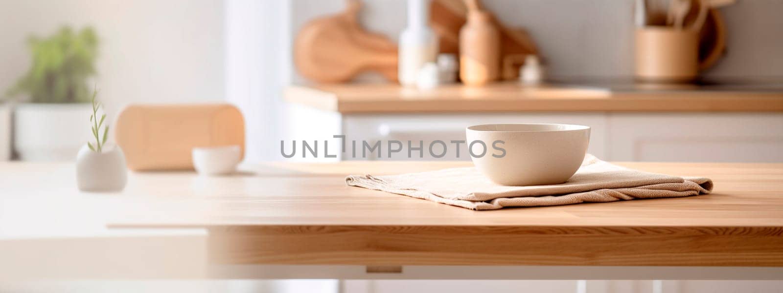 Light wooden table on the background of a blurred kitchen, white kitchen. Generative AI,