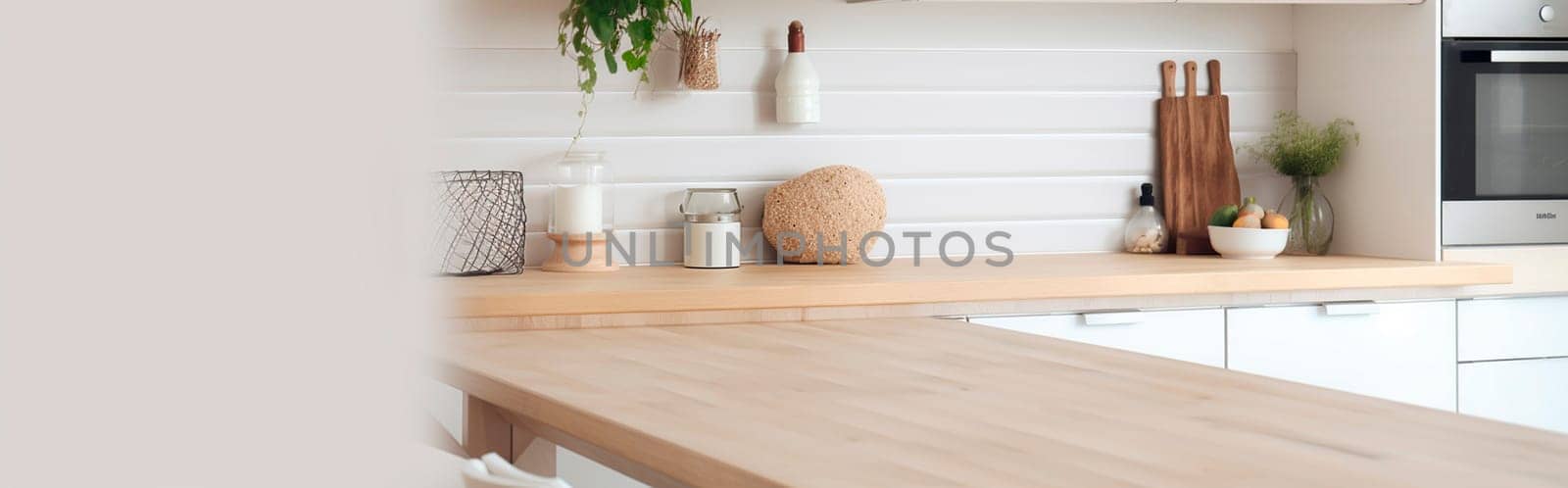 Light wooden table on the background of a blurred kitchen, white kitchen. Generative AI,