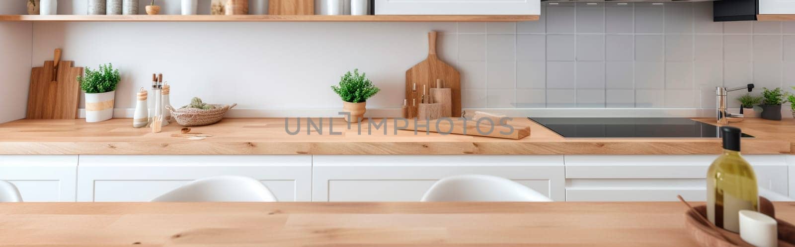 Light wooden table on the background of a blurred kitchen, white kitchen. Generative AI,