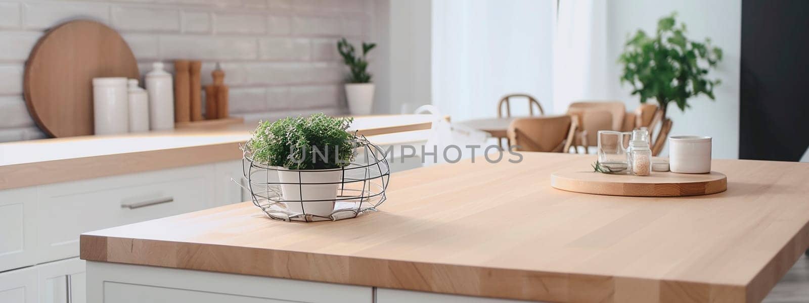 Light wooden table on the background of a blurred kitchen, white kitchen. Generative AI,