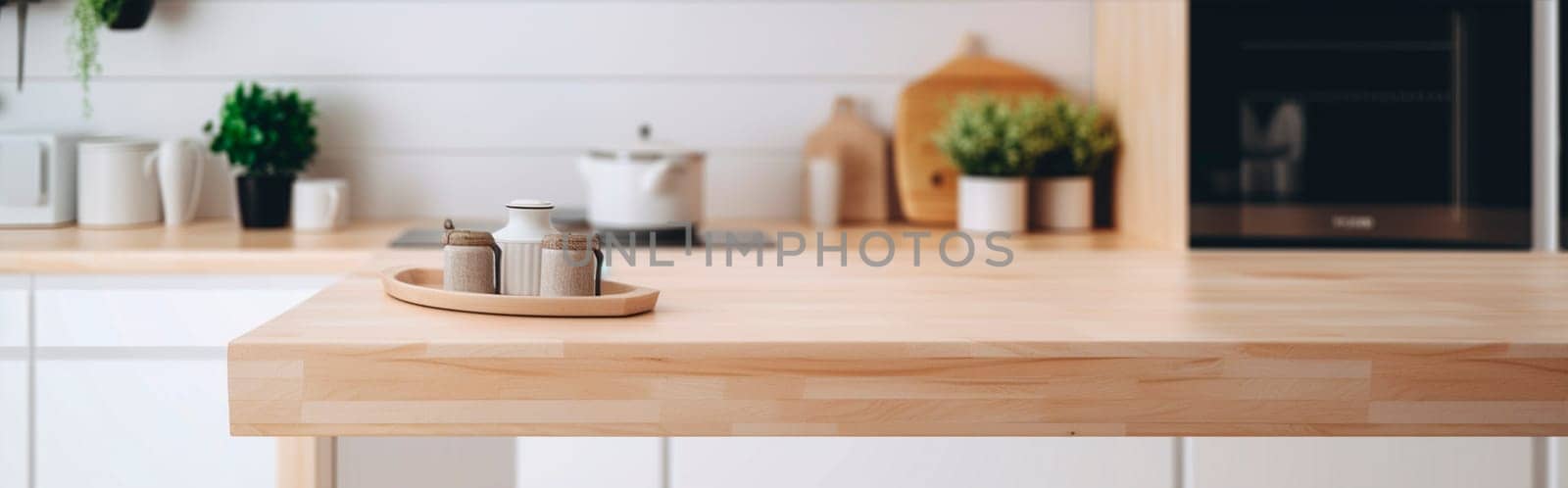 Light wooden table on the background of a blurred kitchen, white kitchen. Generative AI,