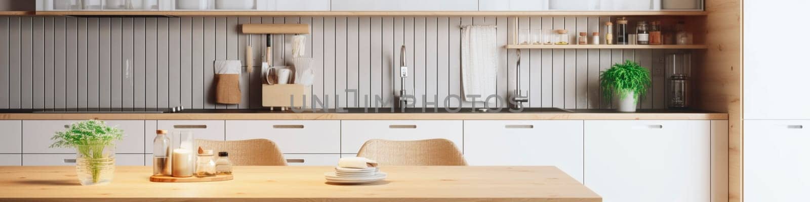 Light wooden table on the background of a blurred kitchen, white kitchen. Generative AI,