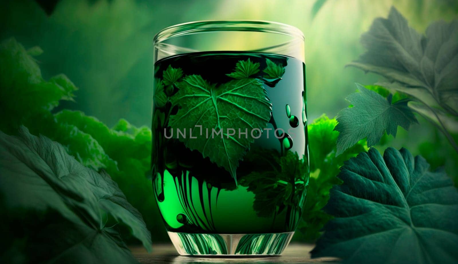 liquid chlorophyll in a glass of water, on the background of plants. Generative AI, Nature.