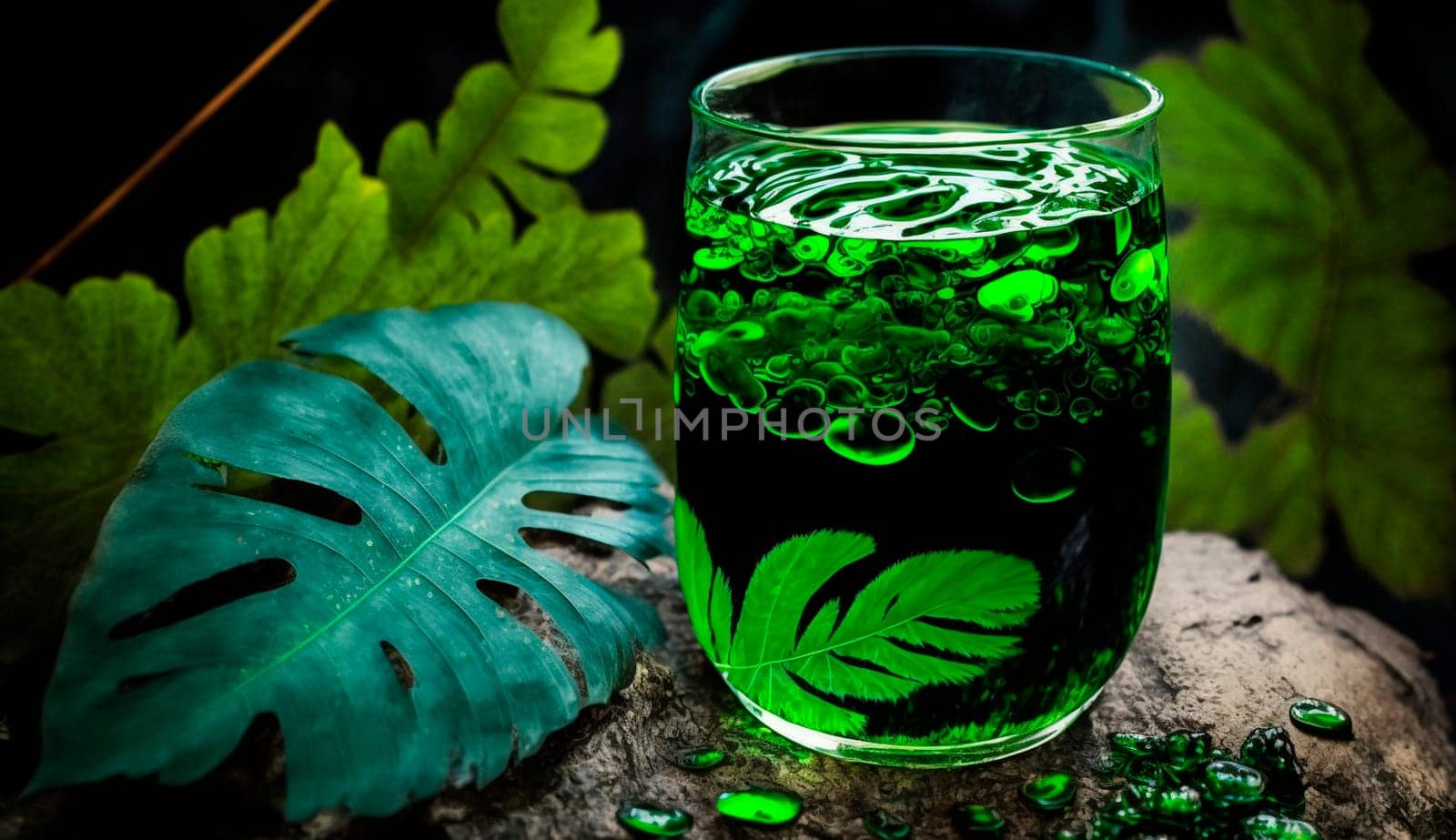 liquid chlorophyll in a glass of water, on the background of plants. Generative AI, Nature.