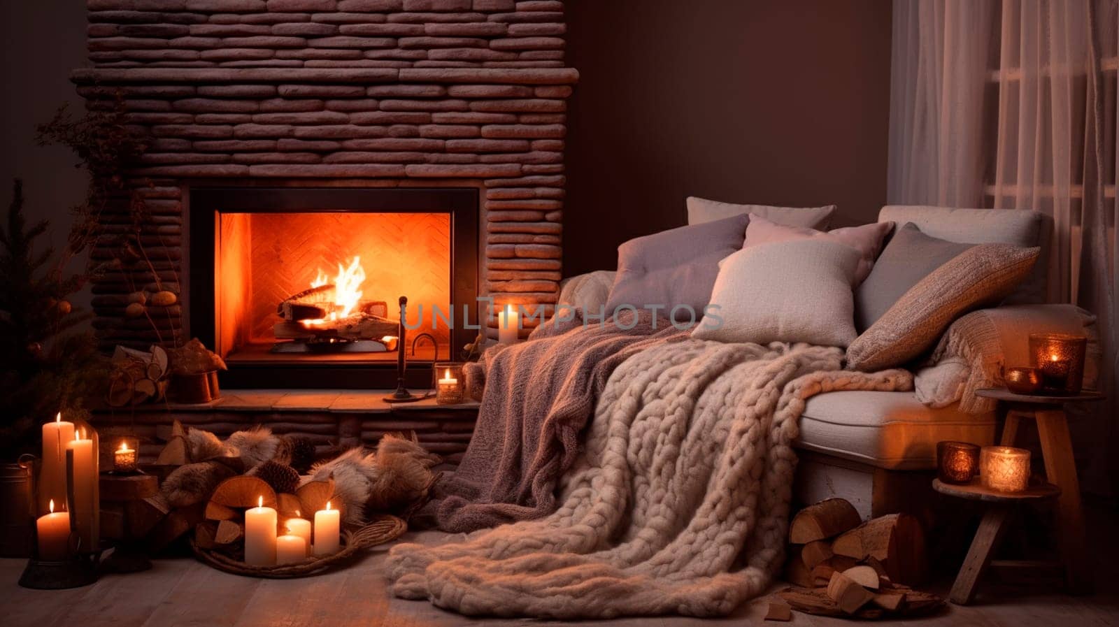 Cozy room with fireplace and sofa on a winter day. Generative AI, Happy.