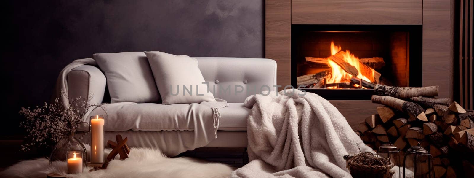 Cozy room with fireplace and sofa on a winter day. Generative AI, Happy.