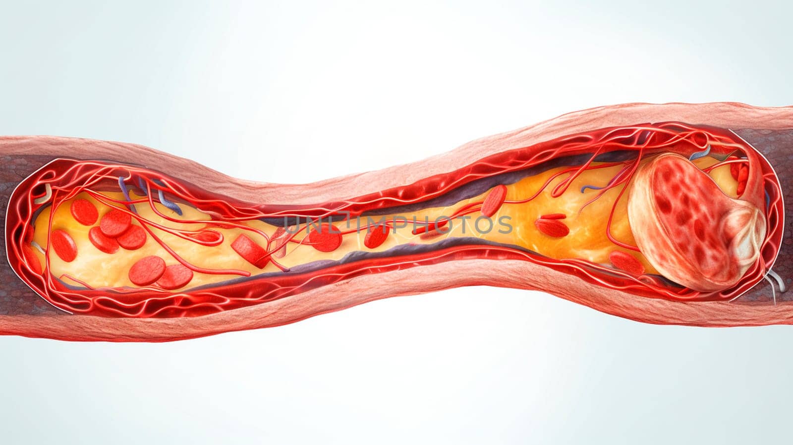 blockage of arteries by cholesterol plaques, artery with blood flow obstructed by cholesterol. Generative AI, Red.