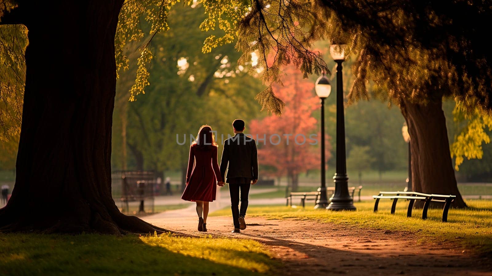 Lovers walk together in the park. Generative AI. People.