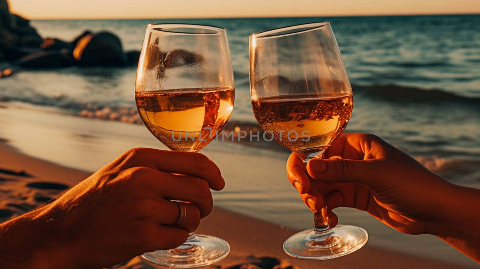 Lovers with glasses of wine on the beach. Generative AI. People.