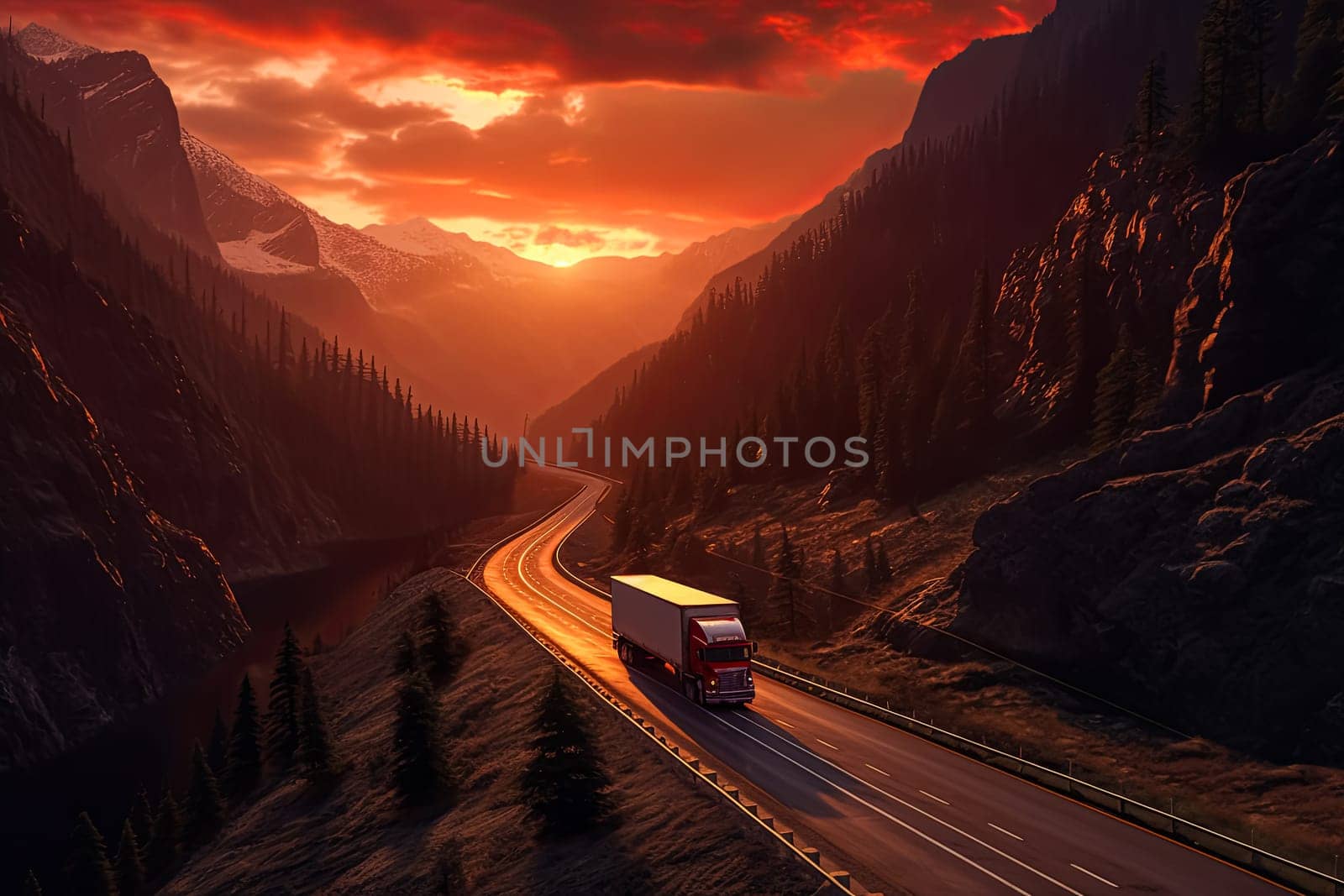 A red semi truck is driving down a mountain road at sunset. The road is narrow and winding, with a beautiful view of the mountains in the background. The sky is filled with orange and pink hues